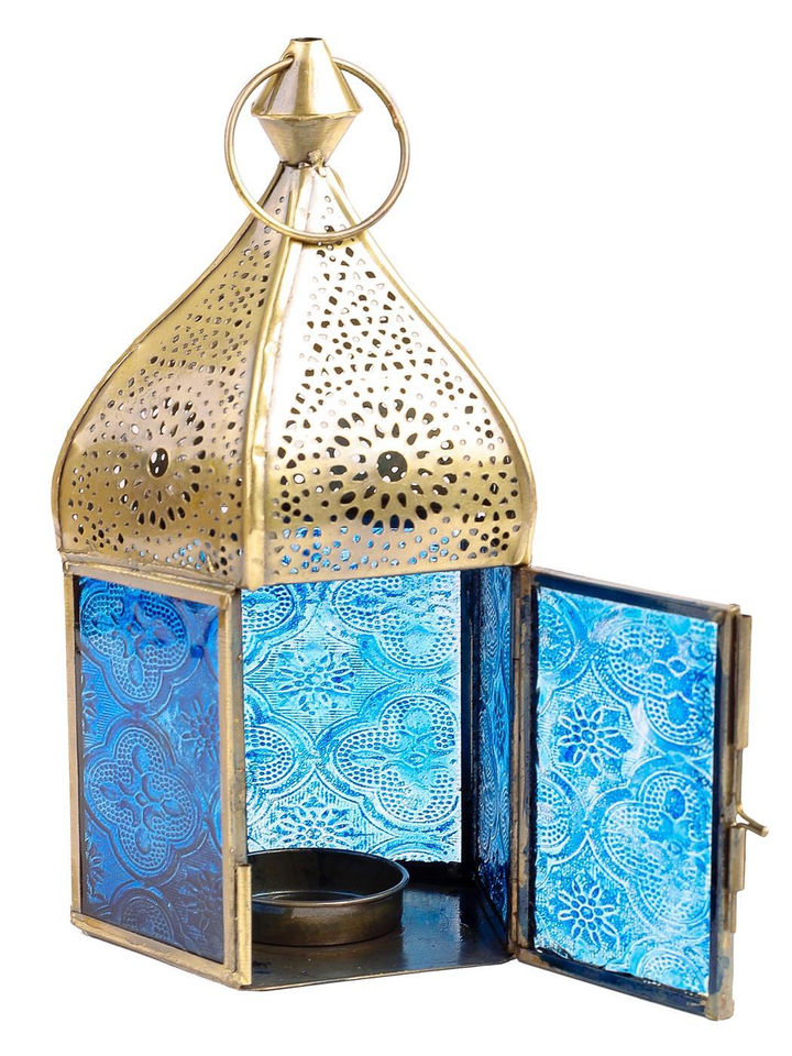 Подсвечник Фонарь металл, стекло цвет синий 11x11x18 см