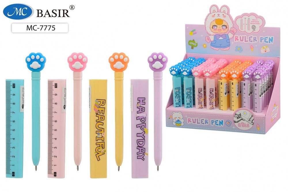 Ручка шарик.0,5мм. синий-линейка 10см. детская "Лапки" цветной корпус, объёмный колпачок в виде лине Ручка шарик.0,5мм. синий-линейка 10см. детская "Лапки" цветной корпус, объёмный колпачок в виде лине