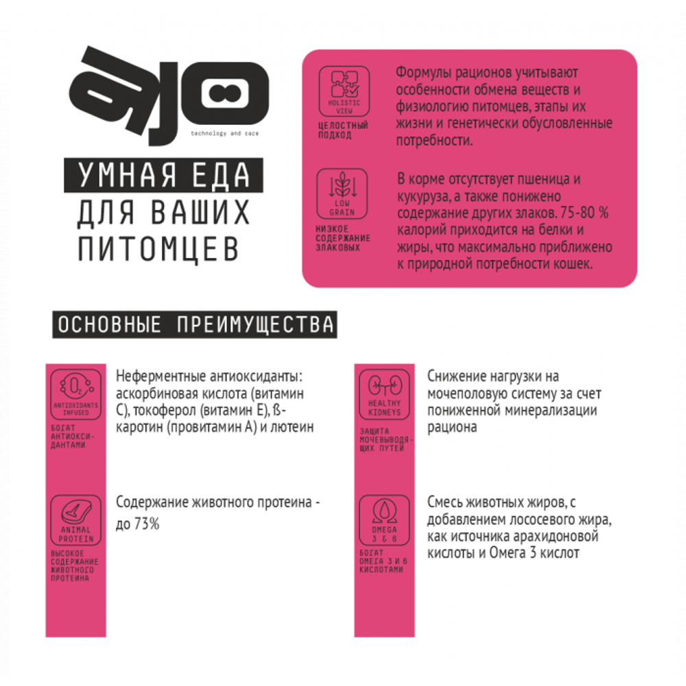 Сухой корм AJO Cat Skin & Hair для кошек - здоровая кожа и красивая шерсть