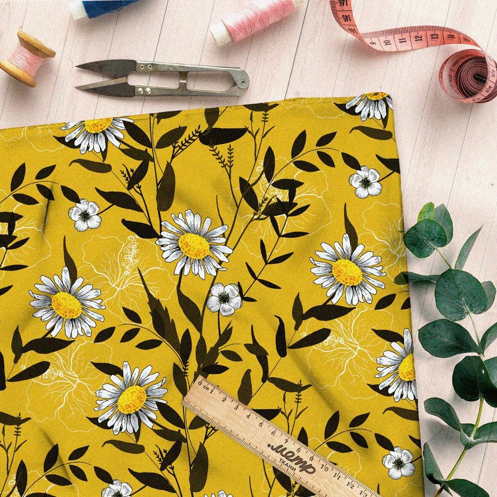 Ткань бифлекс ромашки с силуэтом листьев