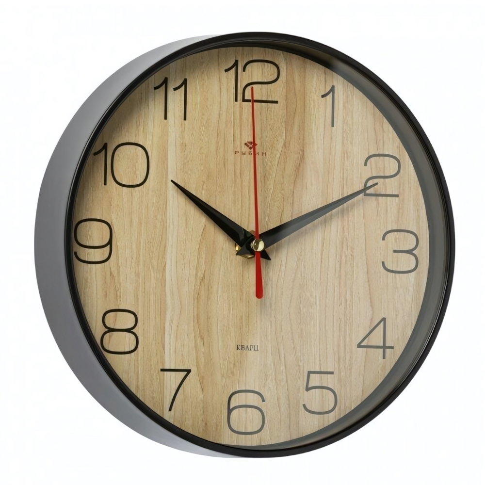 2019-002 Часы настенные круг d=19,5см, корпус черный,"Текстура дерева"