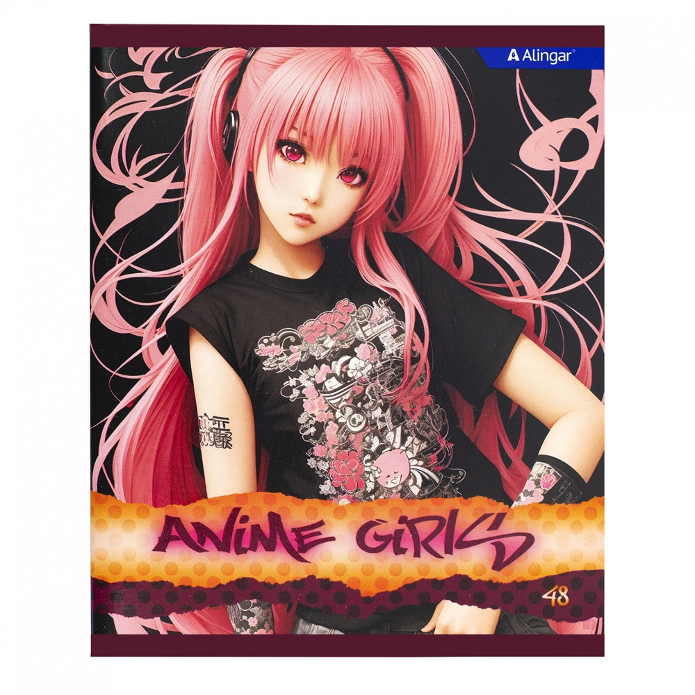 Тетрадь 48л., А5, клетка, Alingar "Anime girls", скрепка, мелованный картон (стандарт), выб УФ лак, блок офсет, 4 дизайна в пленке т/у
