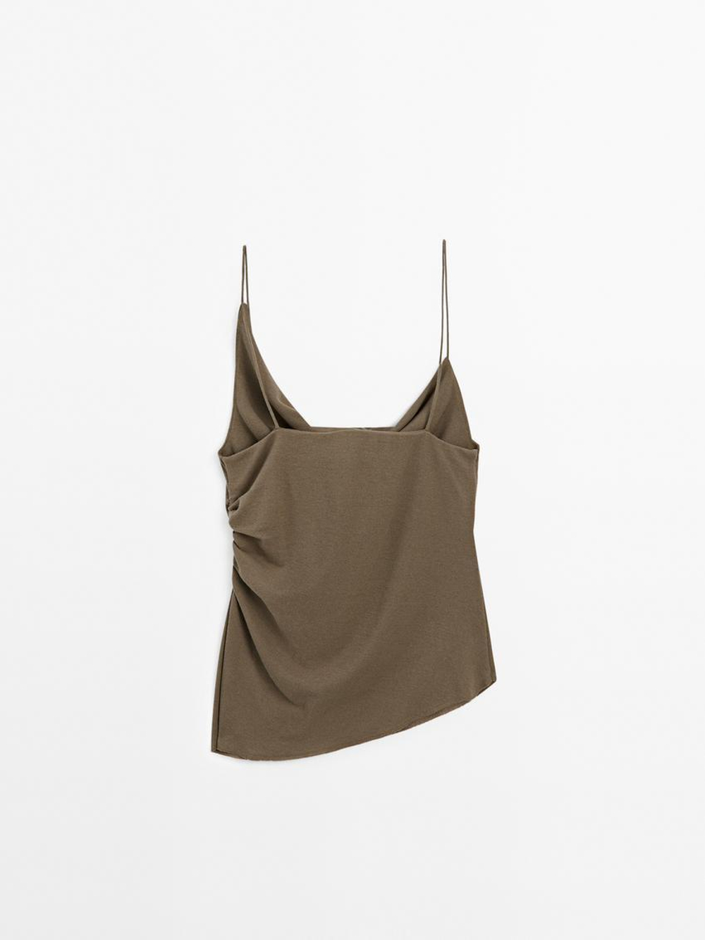 Massimo Dutti Топ из 100% хлопка с асимметричным вырезом, светлый хаки