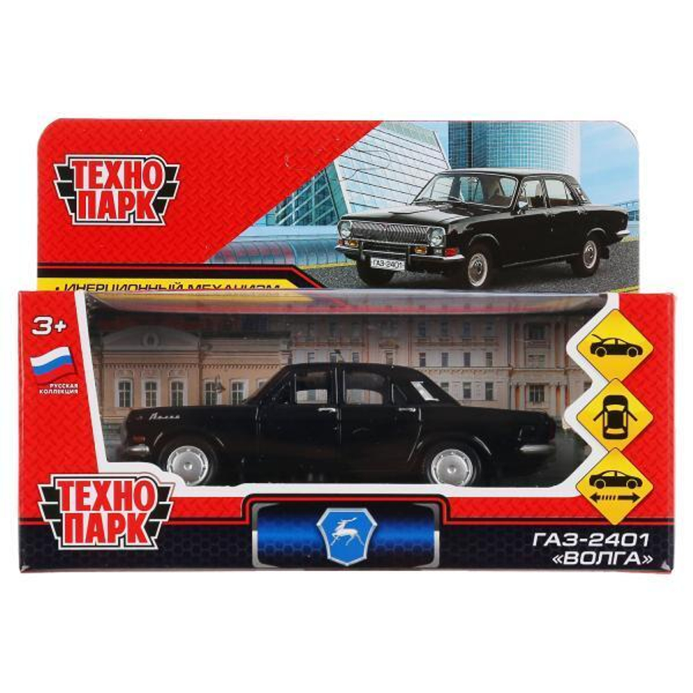 Модель ин. мет. "ГАЗ-2401 Волга" 12см, двери, багаж, черный, коробка 2401-12-BK (Технопарк)