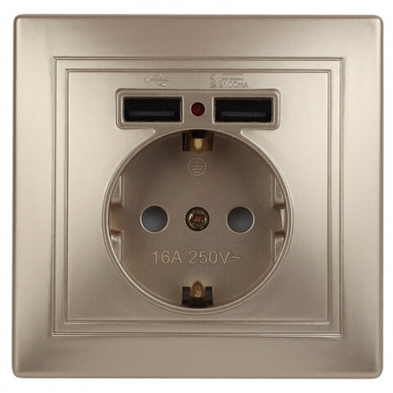 Розетка Intro Plano 1-410-04 с заземлением 2P+E Schuko со шторками 16А-250В + 2хUSB 5В-2 1А IP20 СУ шампань
