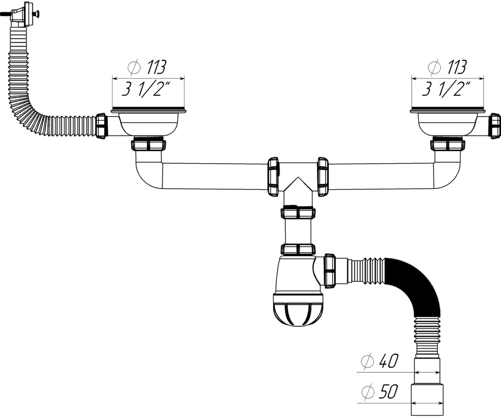 СИФОН ДЛЯ СДВОЕННЫЙ 3 1\2х40 С ПРЯМОУГОЛ ПЕРЕЛИВОМ 40х40\50 (D0148) 1/12