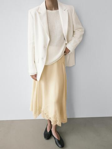 Massimo Dutti Юбка асимметричного кроя с кружевом, ванильный