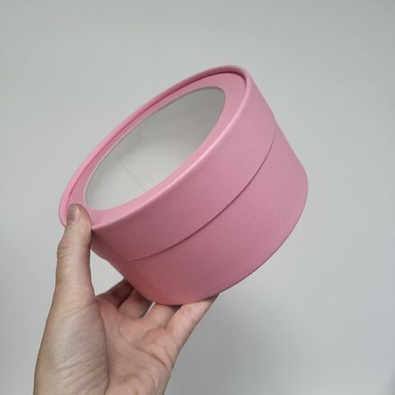 Коробка ТУБУС плотный с окном d=16 см h=8 см (Нежно-розовая)