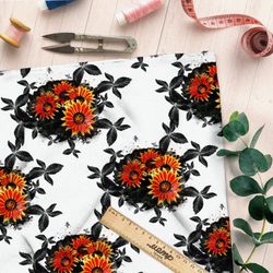 Ткань интерлок цветы с черными листиками