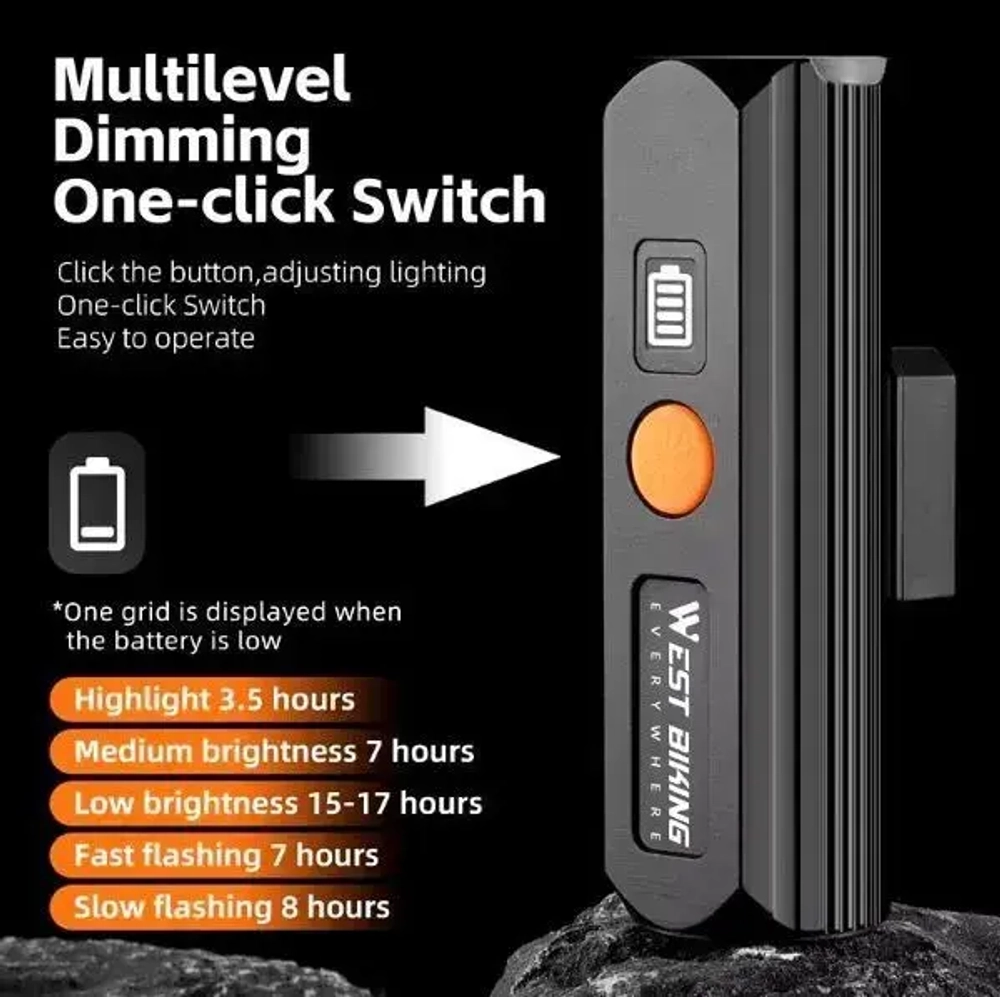 Фонарь велосипедный, передний West Biking YP0701434 (аккум. 3200 mAh, Tape-C)