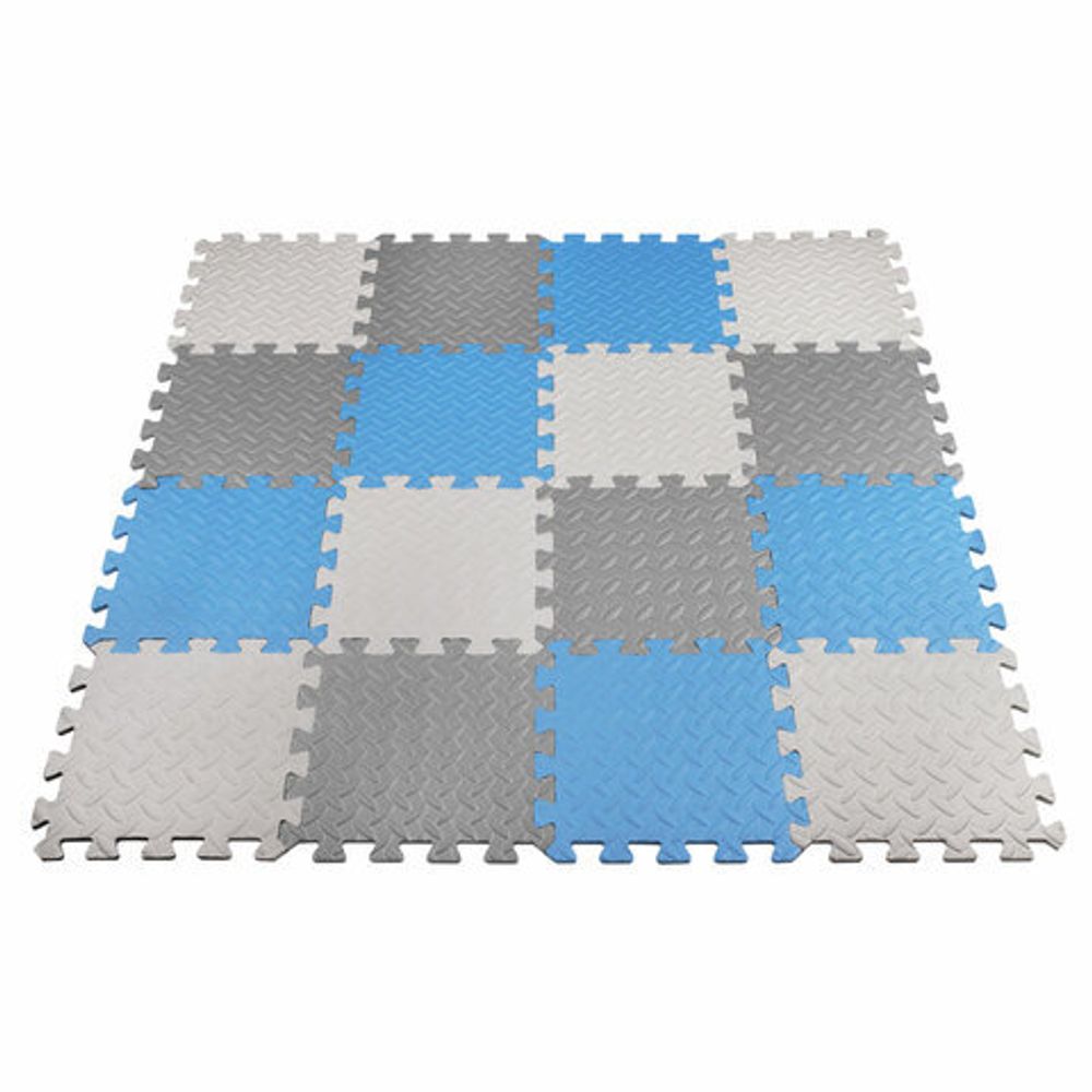 Коврик-пазл напольный 1,2х1,2 м, 16 шт., 30х30 см, толщина 1 см, серый, голубой, светло-серый, ЮНЛАНДИЯ, 664813