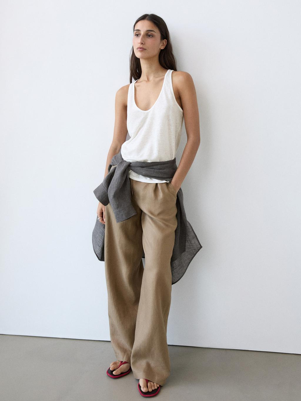 Massimo Dutti Широкие брюки на резинке из 100% льна, светло-зеленый