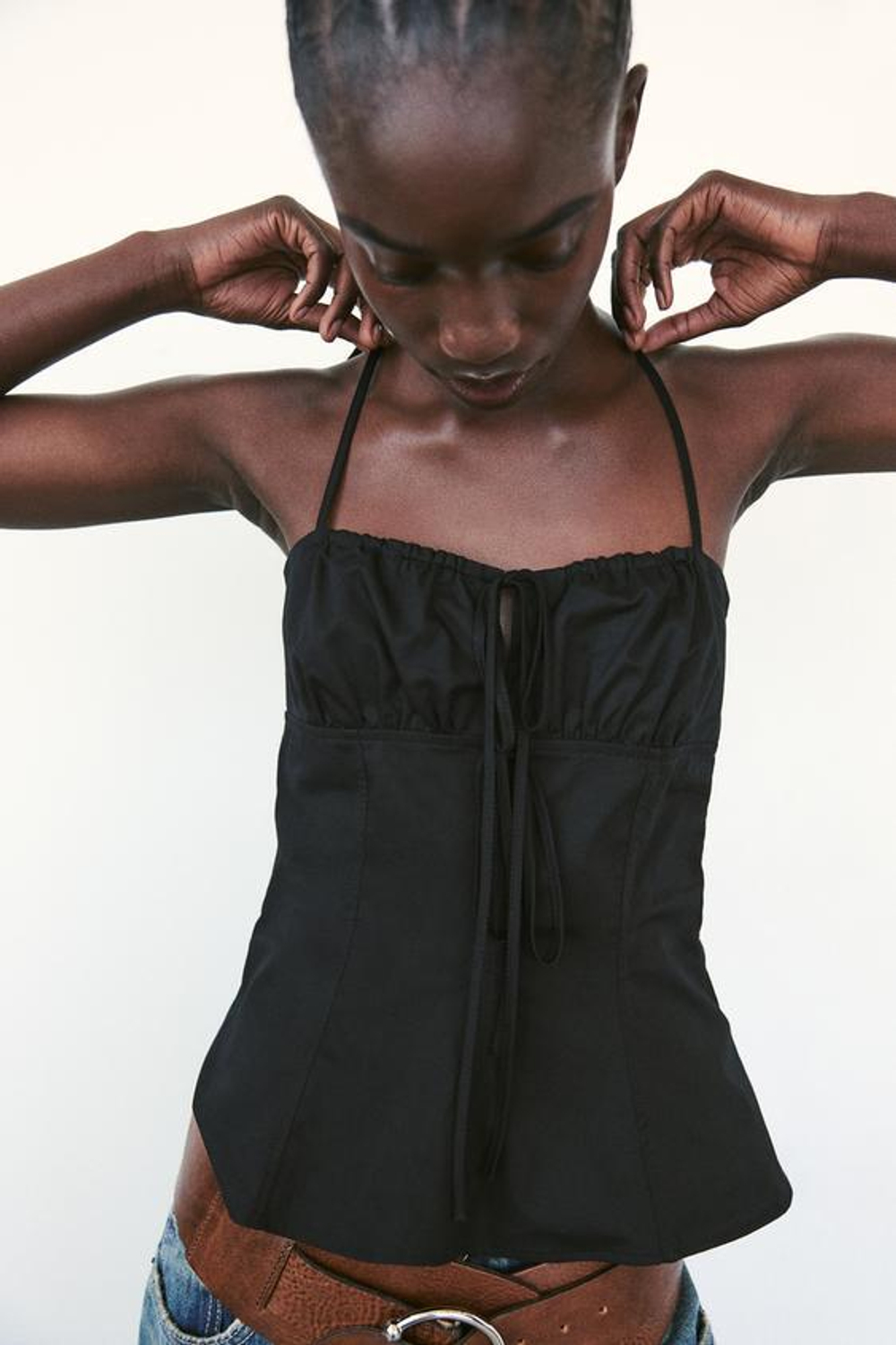 ZARA ТОП ИЗ ГАБАРДИНА С ЗАВЯЗКАМИ, ЧЕРНЫЙ