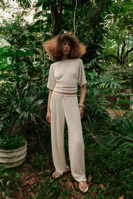 ZARA БРЮКИ WIDE LEG ИЗ ТКАНИ В ДЕРЕВЕНСКОМ СТИЛЕ, СВЕТЛО-БЕЖЕВЫЙ