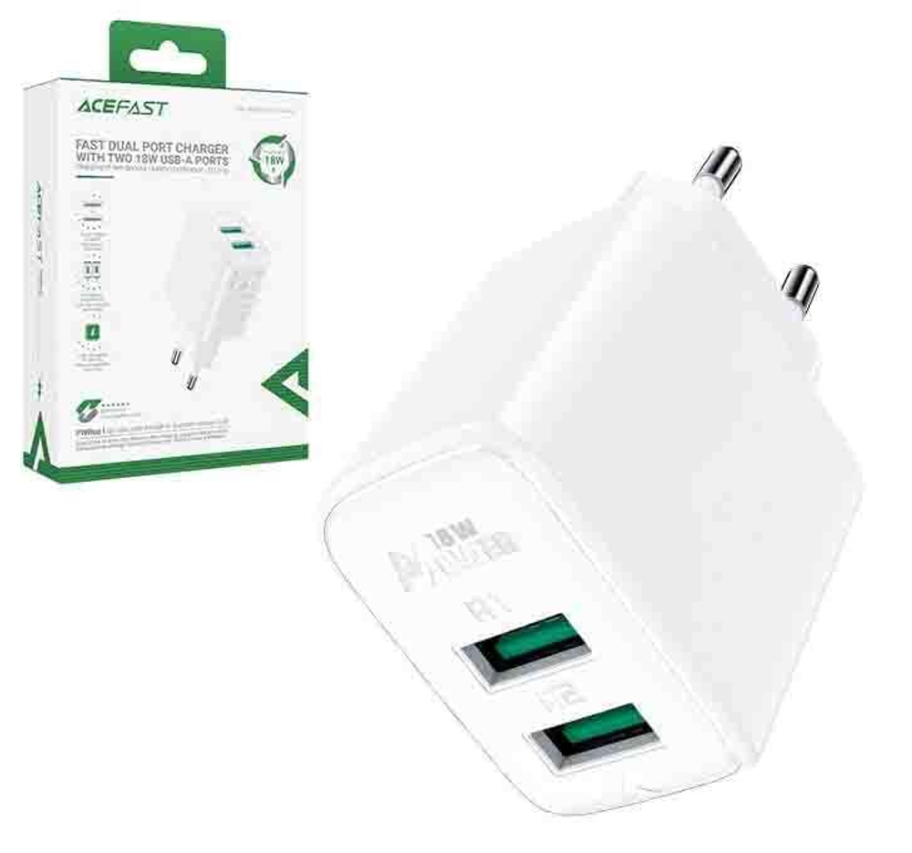 Сетевой адаптер питания ACEFAST A33 2 USB QC 3.0 18W (белый)