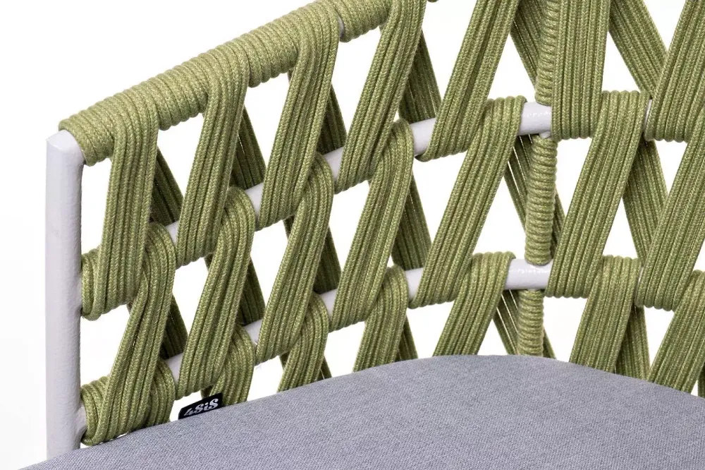 "Диего" стул плетеный из роупа, каркас из стали светло-серый (RAL7035) шагрень, роуп салатовый меланж круглый, ткань светло-серая