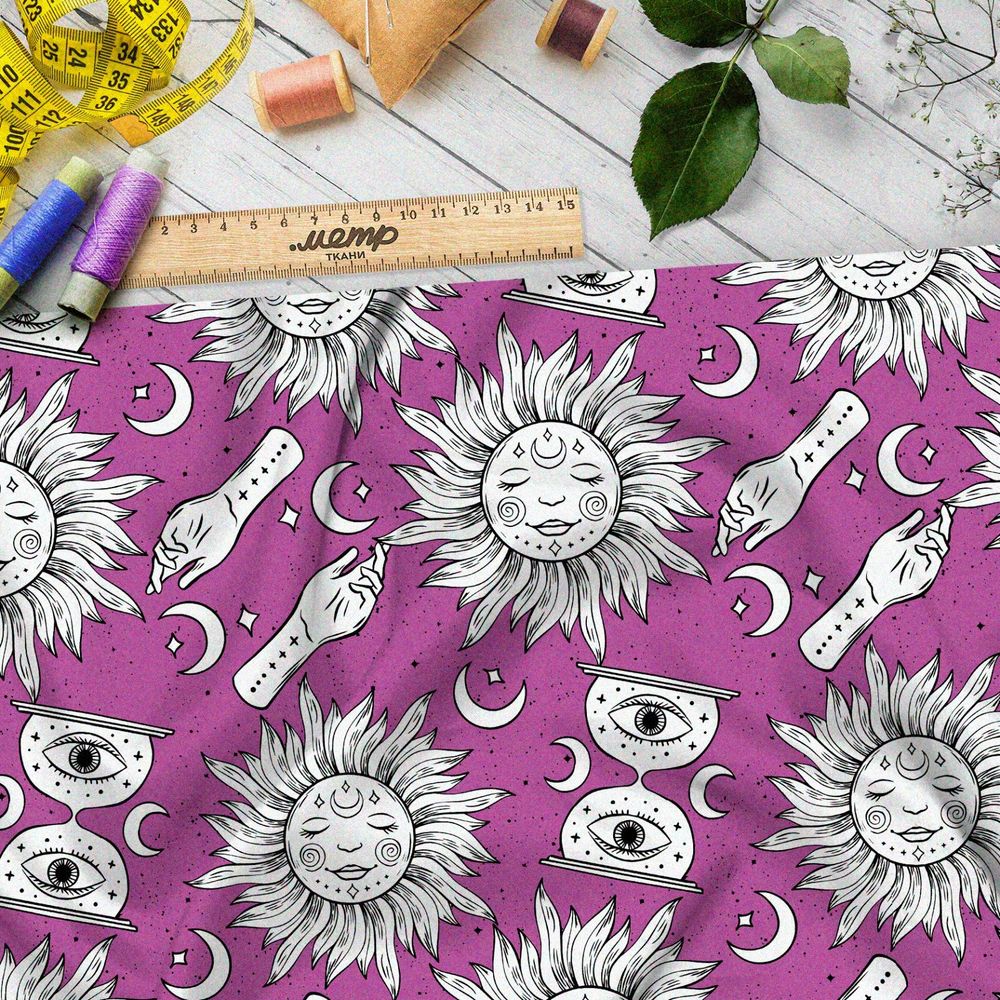 Ткань шифон эскизы астрологических символов на розовом фоне