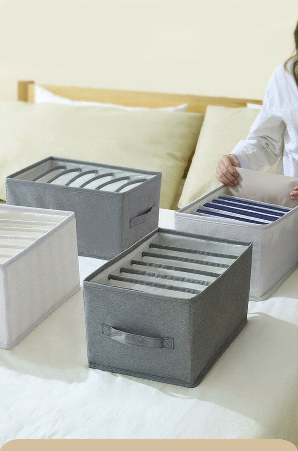 Органайзер для хранения вещей одежды, коробка для полотенец белья 9 отсеков, ящик для хранения 47х25х20см, бежевый