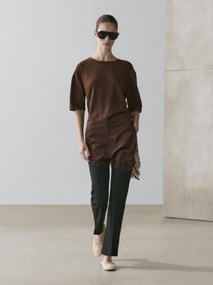 Massimo Dutti Платье с контрастной отделкой кружевом, коричневый