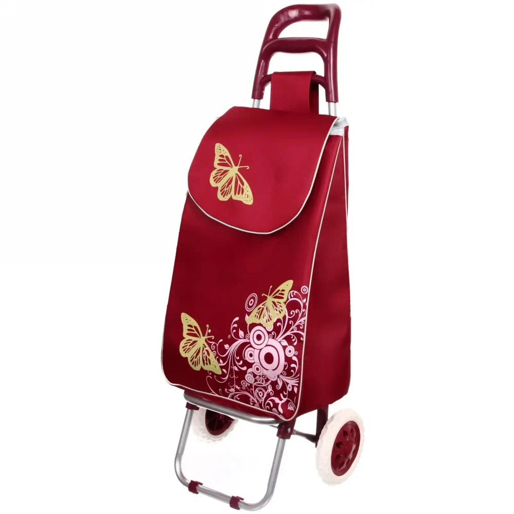 Тележка хозяйственная с сумкой (95*33*30см, колеса 16см, до 30 кг.) бабочки бордовая