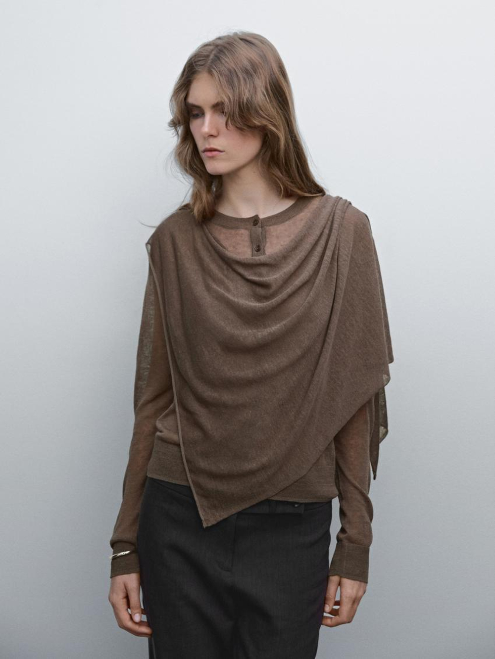 Massimo Dutti Кардиган из смесового льна с платком, коричневый