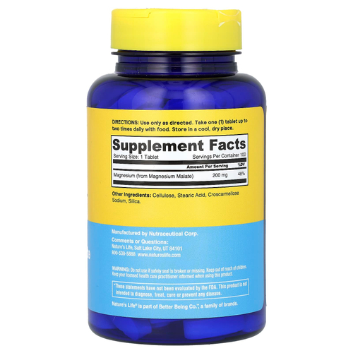 Nature's Life, восстанавливающий малат магния, 200 мг, 100 таблеток