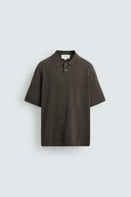 ZARA ТРИКОТАЖНОЕ ПОЛО ИЗ СМЕСОВОГО ХЛОПКА, ЧЕРНЫЙ-КОРИЧНЕВЫЙ