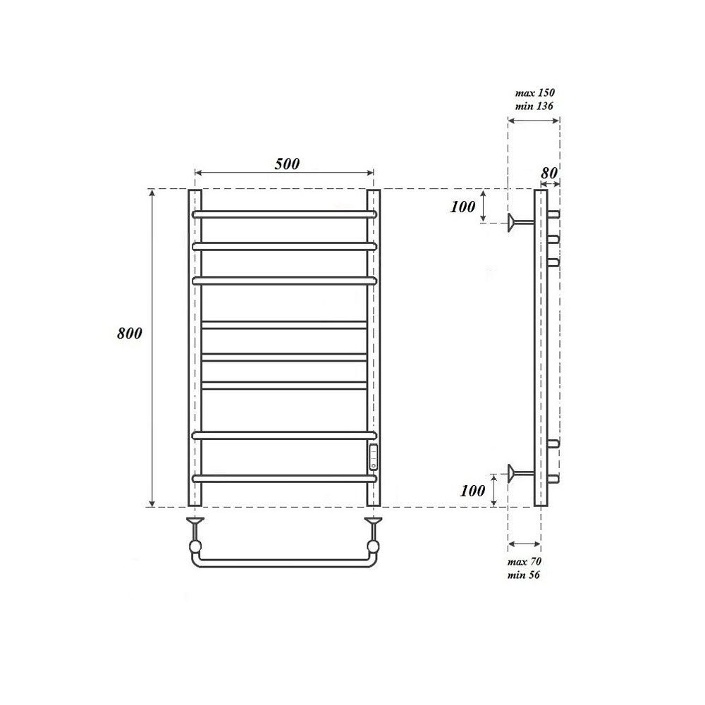 Полотенцесушитель электрический Point Сатурн PN90858B П8 500x800 диммер справа, черный