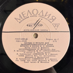 Винтажная виниловая пластинка LP Музыка В Жизни В.И. Ленина (СССР 1968)