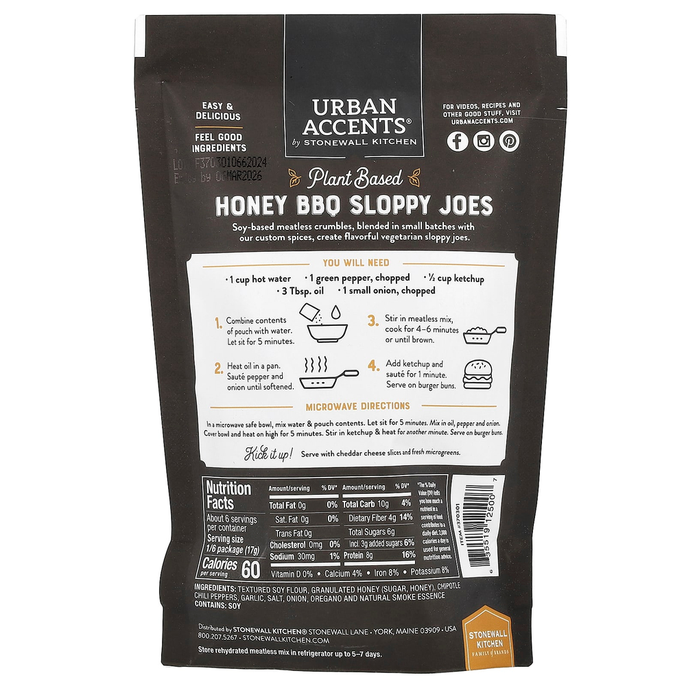 Urban Accents, Sloppy Joe на растительной основе, овощная смесь без мяса, классическое медовое барбекю, 99 г (3,5 унции)