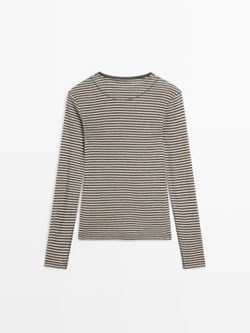 Massimo Dutti Футболка из смесового хлопка с длинными рукавами, серый меланж