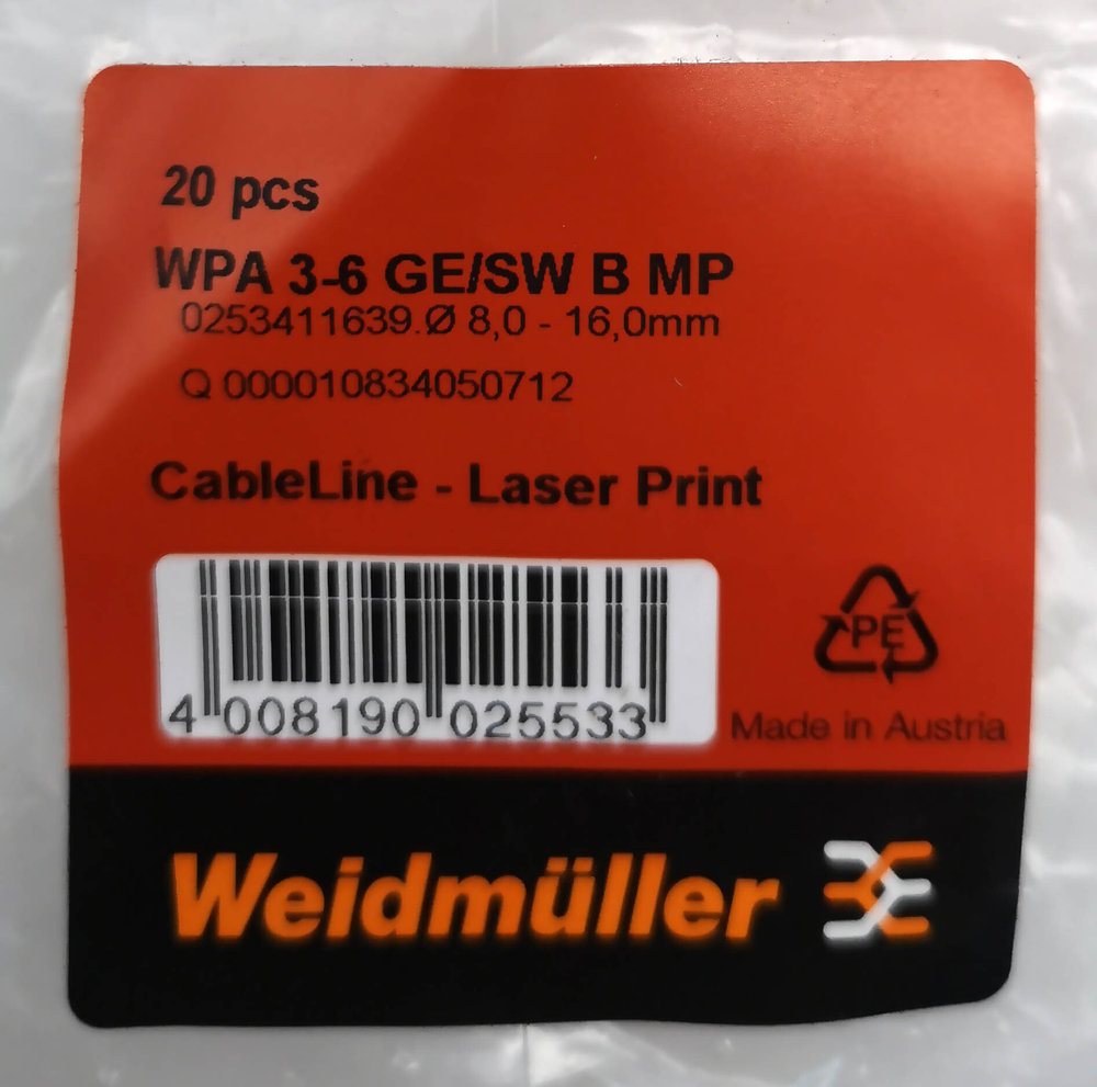 Маркер кабельный сеч.8-16мм Weidmuller WPA 3-6 GE/SW B MP  (20 шт.) 0253411639 PA. 3-6