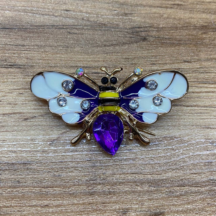 Брошь Пчела кристалл граненый фиолетовый эмаль фиолетовая белая желтая черная стразы металл золотистый