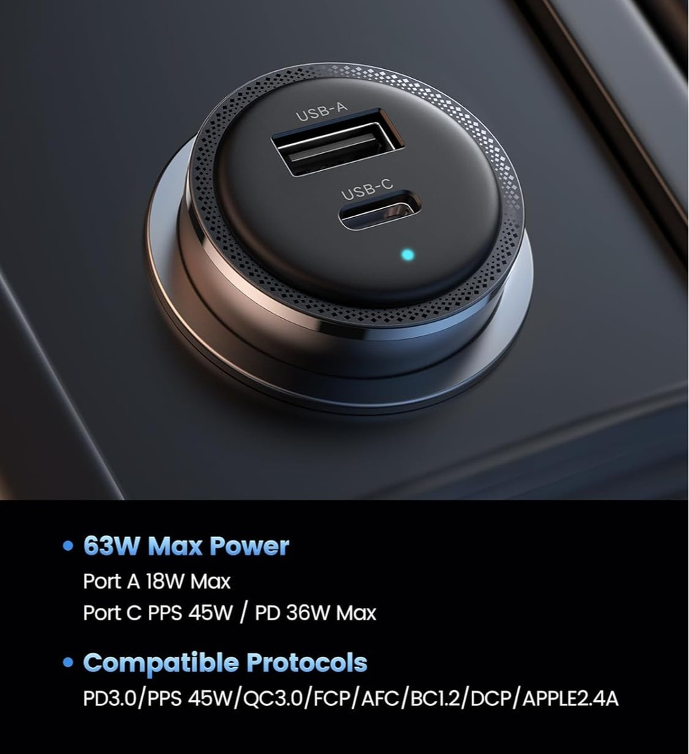 Автомобильное зарядное устройство QC3.0, PD, 63W, UGREEN 90645