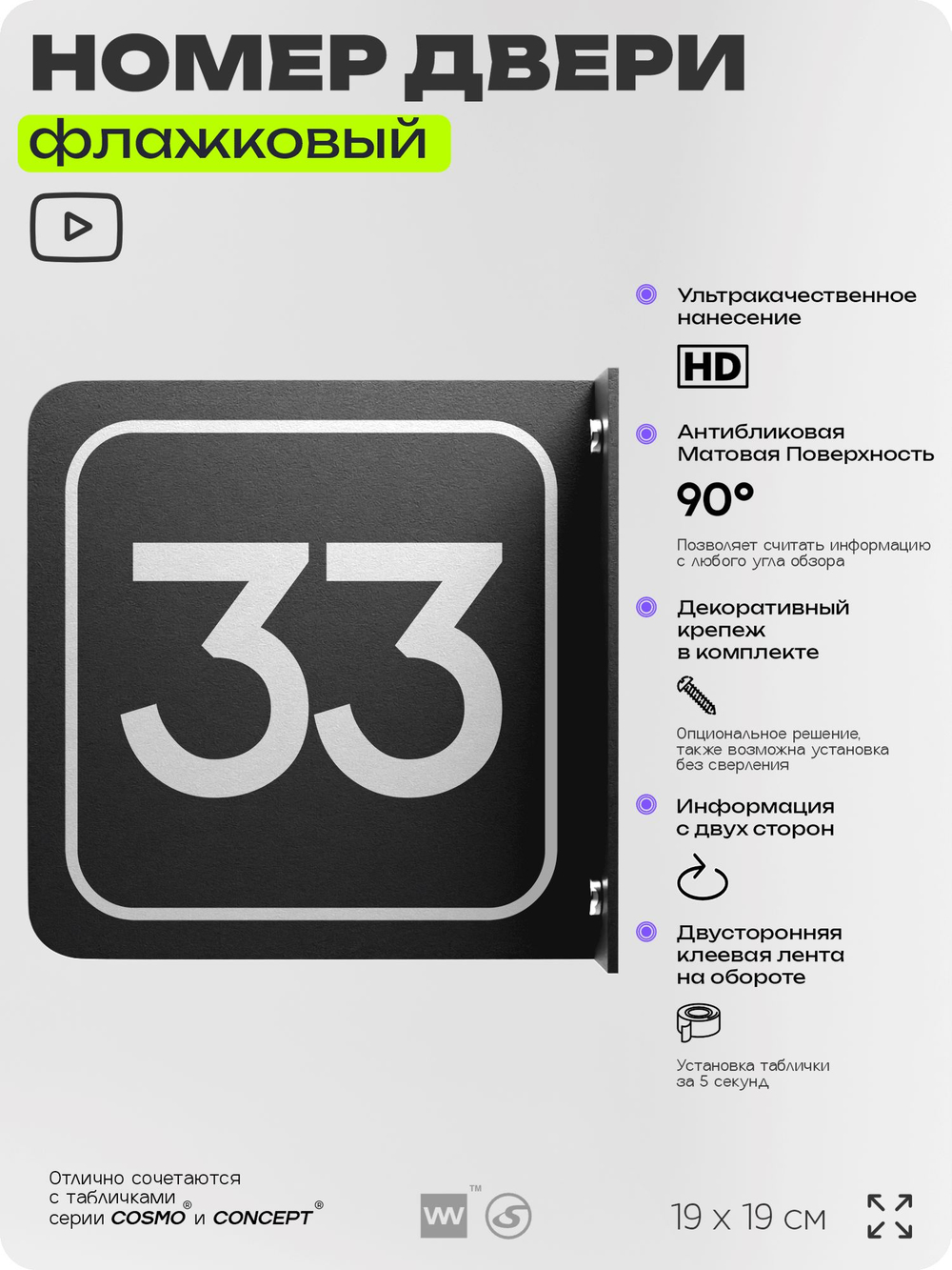 Табличка флажковая с номером 33 на дверь квартиры, для офиса, кабинета, аудитории, склада, черная двустороняя 19х19 см, Айдентика Технолоджи