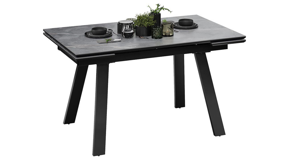 Стол кухонный обеденный раздвижной Черный муар/Керамика матовая серый мрамор 140(200)х85х76 см