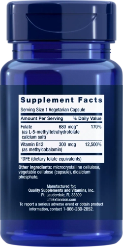 BioActive Folate & Vitamin B12 90 капсул Life Extension