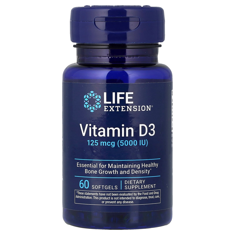 Life Extension, витамин D3, 125 мкг (5000 МЕ), 60 капсул
