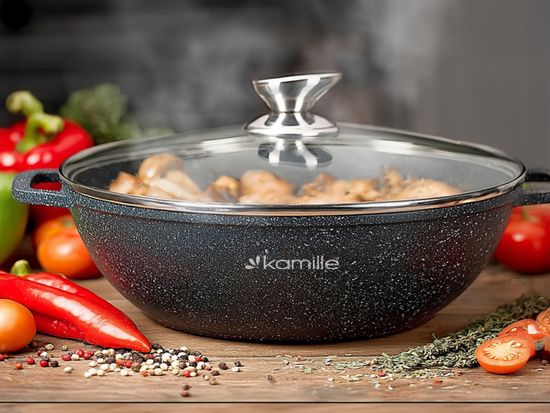 Сковорода-Вок 28 см. из литого алюминия со стеклянной крышкой Kamille KM 4485