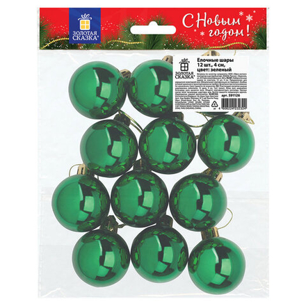 Шары елочные ЗОЛОТАЯ СКАЗКА,набор 12 шт., пластик, 4 см,зеленые, глянец, подвес, 591126