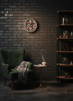 Настенные часы WOODandROOT Automaton 1277 Tourbillon с кинетическими шестерёнками на тёмной кирпичной стене в уютном лофт-интерьере.