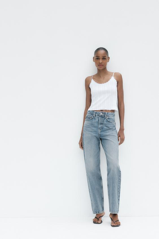 ZARA ДЖИНСЫ TRF MOM FIT HIGH WAIST, СЕРО-СИНИЙ