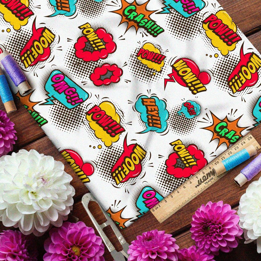 Ткань ниагара громкие звуки из комиксов на белом фоне