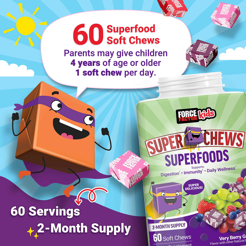 Force Factor, Для детей, Super Chews Superfoods, очень ягодный виноград, 60 жевательных таблеток