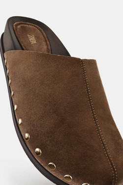 ZARA КОЖАНЫЕ САБО С ЗАКЛЕПКАМИ, КОРИЧНЕВЫЙ