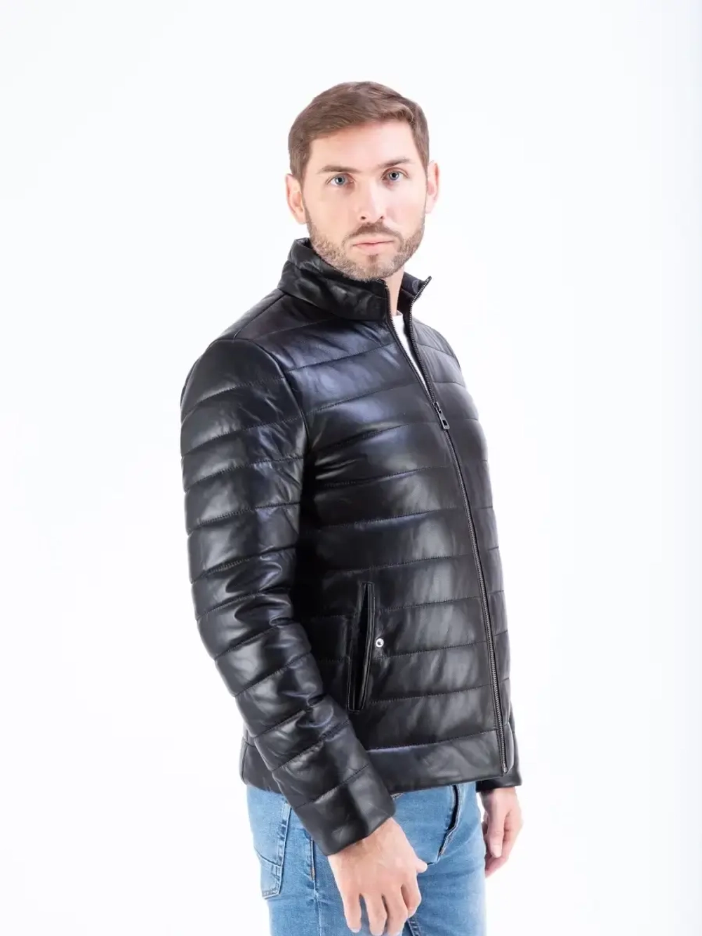 Куртка мужская из натуральной кожи стеганая,  утепленная