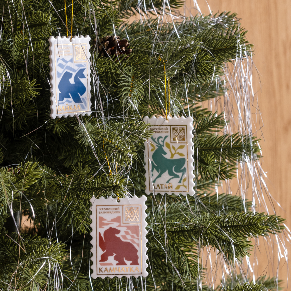 Набор из 3 елочных игрушек «Заповедные места» в подарочной коробке
