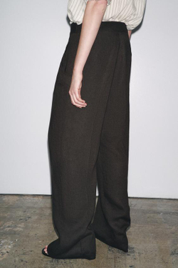 ZARA БРЮКИ ИЗ СМЕСОВОГО ЛЬНА С ЗАЩИПАМИ — ZW COLLECTION, КОРИЧНЕВЫЙ