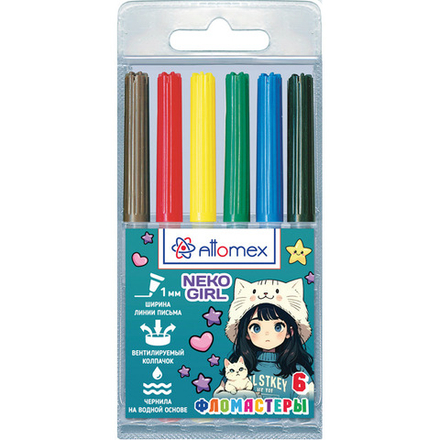 Фломастеры   6цв "Attomex. NekoGirl", вентил. колпачок, подвес