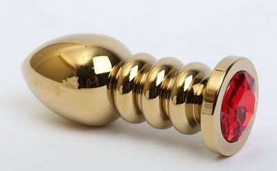 Золотистая фигурная анальная пробка с красным стразом - 10,3 см. (Цвет: красный)